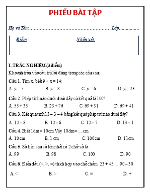 Phiếu bài tập trắc nghiệm và tự luận môn Toán Lớp 2